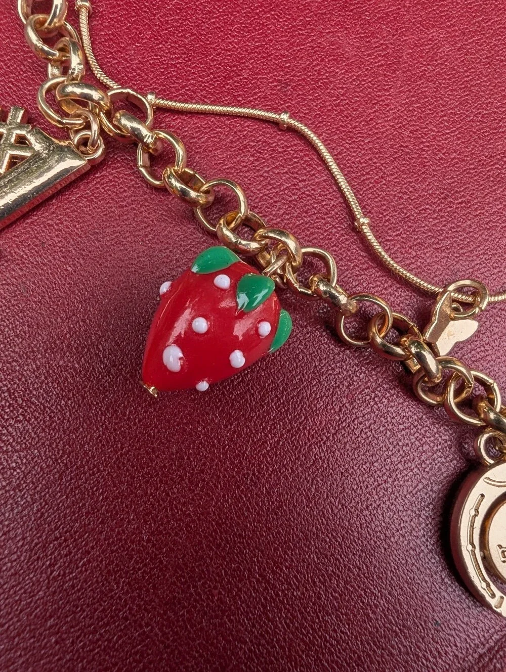Gold-Tone Charm Necklace with Red Strawberry and Glass Heart